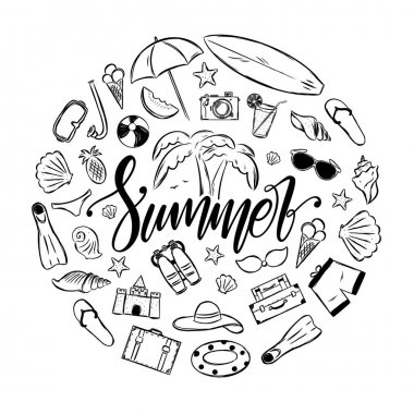 Zarif fırça yazı yaz tatil öğeleri kümesi ile el yazısı. Tropikal yolculuk dekorasyon.