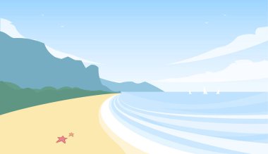 Vektör yaz yatay, plaj, deniz, dağlar ve kum üzerinde starfishes.