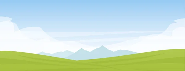 Vector Εικονογράφηση: θερινή πανοραμική γελοιογραφία πεδινό τοπίο με βουνά, λόφους και πράσινο πεδίο. — Διανυσματικό Αρχείο