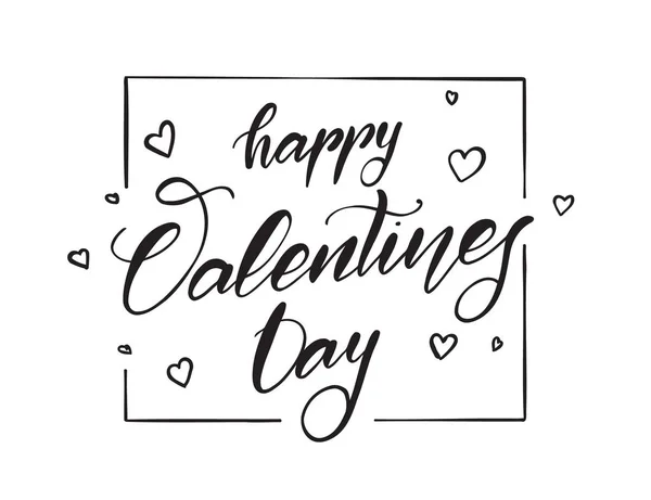 Letras tipo escova moderna desenhada à mão de Feliz Dia dos Namorados com corações no quadro no fundo branco . —  Vetores de Stock