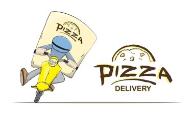 Scooter üzerinde izole kurye ve beyaz arka plan üzerinde yazı ile bir manzara. Çizgi film pizza teslimat.