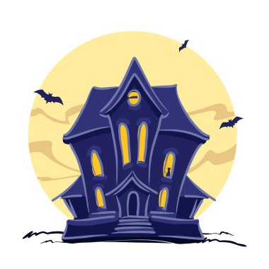 Pencere ve el yazı Halloween dolunay arka plan üzerinde izole kedi ile perili cadı evi.