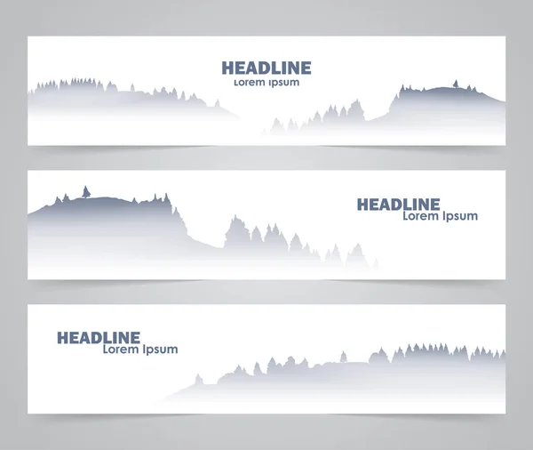 Diseño de tres plantillas de banner web con fondo de montañas nebulosas matutinas . — Vector de stock