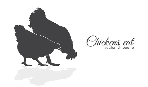 Isolated silhouette of Chickens peck feed on white background. — Stock Vector