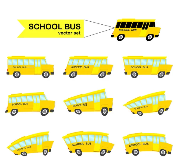 一组扭曲的黄色校车在白色背景下被隔离。回到学校. — 图库矢量图片