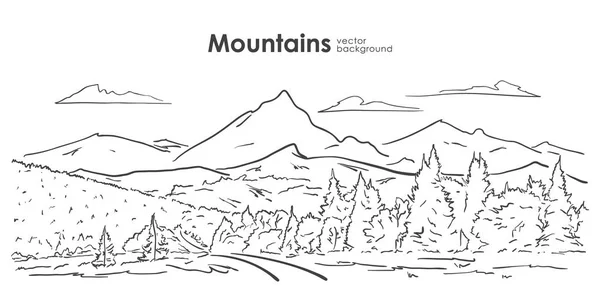 Elle çizilmiş dağlar, orman, yol ve bulutlar ile kroki. Çizgili Tema