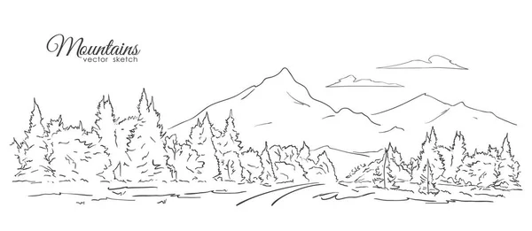 El peyzaj dağlar, orman, yol ve bulutlar ile çekilmiş. İçini kaplamak çizmek. Kroki