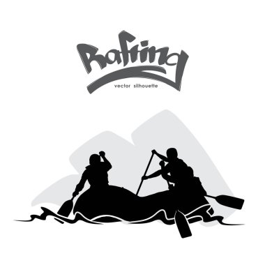 Sahne siluet su ve el yazı üzerinde takım rafting, ile.