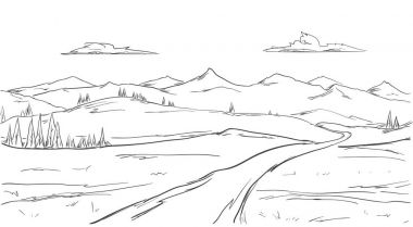 Elle çizilmiş dağlar kara, çam ve bulutlar, yatay kroki. Çizgili Tema