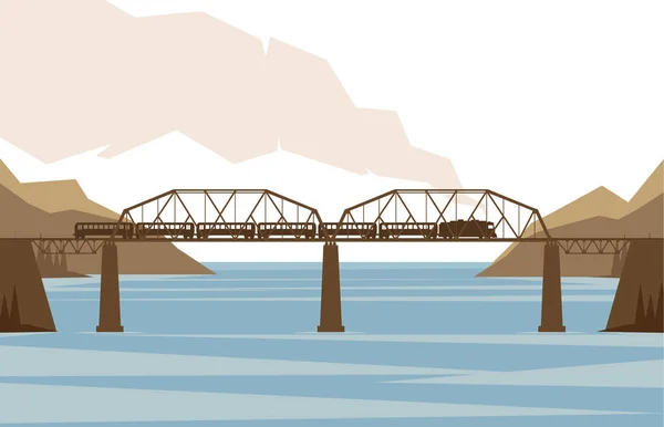 Trein op trein- en brug over de achtergrond van het landschap — Stockvector