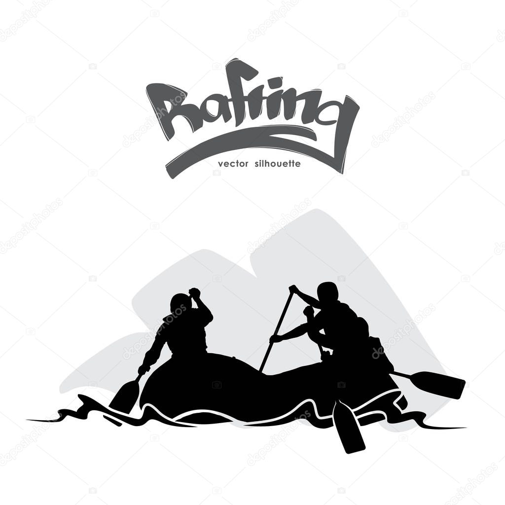 Vector illustration: Scene with Silhouette of rafting team on water and hand lettering.