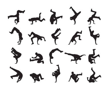 Etkileyici break dans silüeti büyük kümesi. Genç insanlar beyaz arka plan üzerinde Hip Hop dans