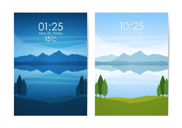 Vector illustration: Day and Night flat mountains lake landscape. Weather Application User Interface