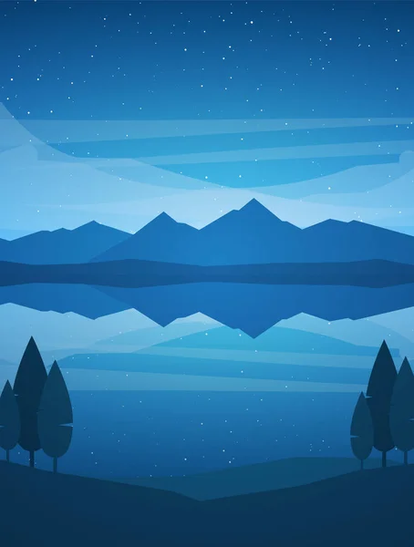 Ilustração do vetor: Vertical Night Mountains Lake paisagem com estrelas, reflexão e árvores em primeiro plano — Vetor de Stock