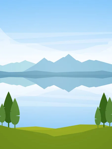 Vector illustration: Vertical Summer Mountains Lake landscape with reflection and trees on foreground — Stock Vector