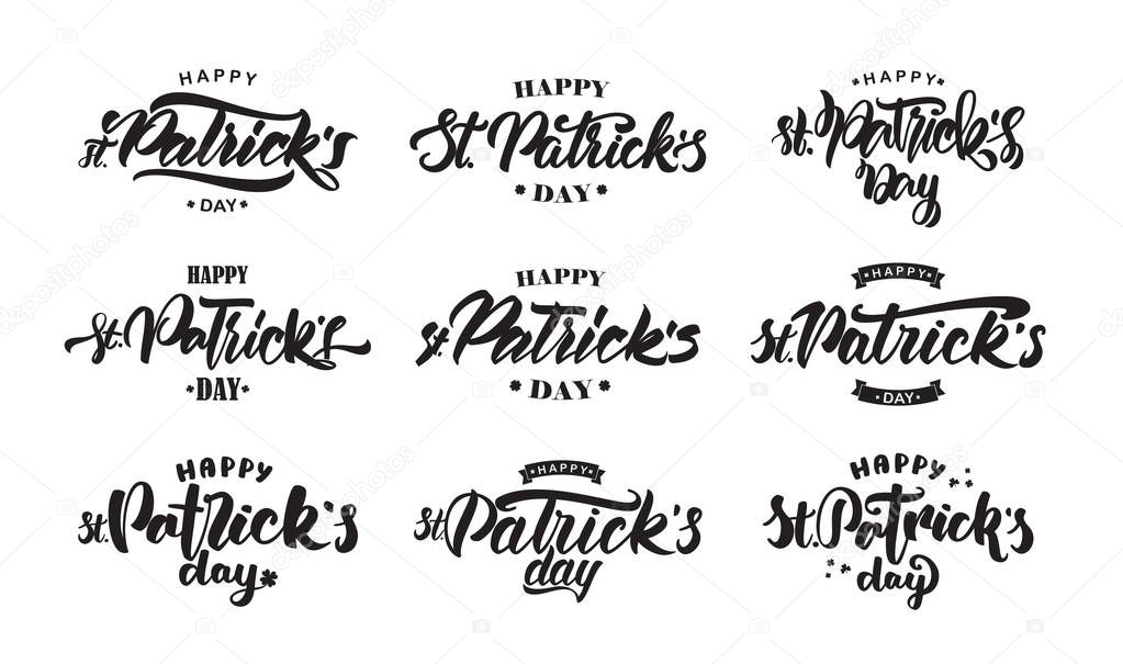 Vector illustration: Big Set of Handwritten modern brush lettering composition of Happy St. Patricks Day on white background.