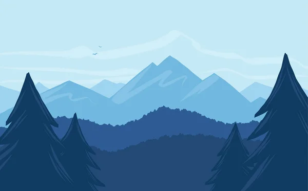 Vector de dibujos animados montañas paisaje con silueta de pinos en primer plano . — Vector de stock