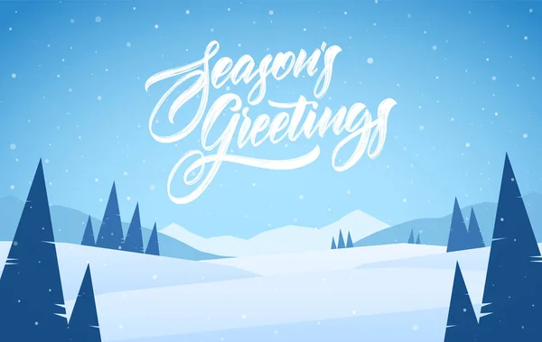 Mavi dağlar, kışın karlı manzaralar, çam ağaçları ve mevsimleri selamlayan el yazmaları. Noel kartı..