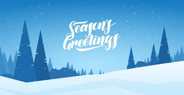 Blaue schneebedeckte Winterlandschaft mit handgeschriebenen Jahreszeiten-Grüßen und Kiefern. Frohe Weihnachten und ein gutes neues Jahr. — Stockvektor