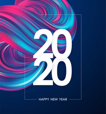Mutlu yıllar 2020. Neon renkli soyut sıvı şekilli afiş. Moda tasarımı