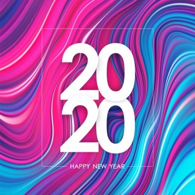 Mutlu yıllar 2020. Renkli, soyut sıvı boya arkaplanlı bir selamlama posteri. Moda tasarımı