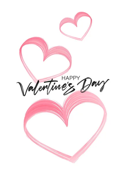 Romantic greeting card with lettering of Happy Valentines Day and brush stroke pink paint hearts. — 스톡 벡터