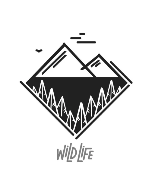 Paisagem de ícone de montanha plana com pinhal. Design de linha. Letras de texto Wild Life — Vetor de Stock