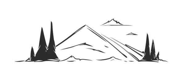 Montagne disegnate a mano schizzo paesaggio con colline e pini in primo piano . — Vettoriale Stock