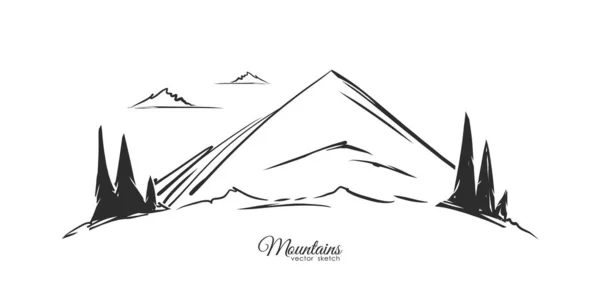 Ilustrasi vektor: Sketsa lanskap Tangan Pegunungan digambar dengan bukit-bukit dan pinus di latar depan . - Stok Vektor