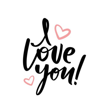 I Love You 'nun el yazması harfleri, beyaz arka planda elle çizilmiş kalpler.