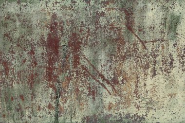 Peeling, lekeler ile çeliğin korozyon hasar eski levha, yeşil boya solmuş. Tasarımınız için arka plan.