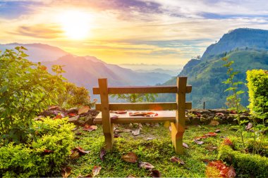 A bench with a view of the beautiful mountain valley at dawn. Ella, Sri Lanka clipart