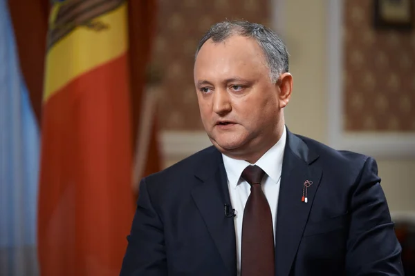 Chisinau, moldawien / 11. März 2017: Präsident der Republik Moldawien igor dodon während eines Interviews mit dem russischen Fernsehen — Stockfoto