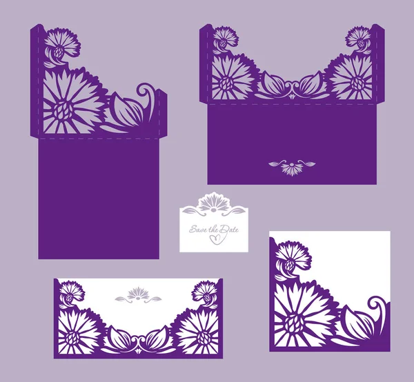 Set von lasergeschnittenen Hochzeitseinladungskarten mit Kornblumen. — Stockvektor