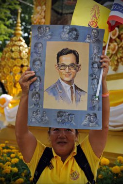 BANGKOK - December, 5: woman holding portrait of Thai King Bhumibol Adulyadej after attending celebrations of King 85th birthday  clipart