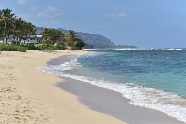 Parlak mavi deniz, deniz kıyısı ve avuç içi mavi gökyüzü karşı
