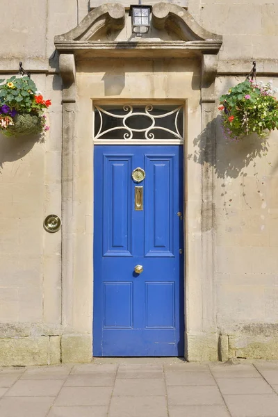 Elegant House Door Bright Blue Color Flowers — Stock Photo, Image