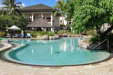 Flic-en-Flac, Mauritius-9 Nisan 2018: Hilton Mauritiusresort ve Spa, yüzme havuzu görünümünü.