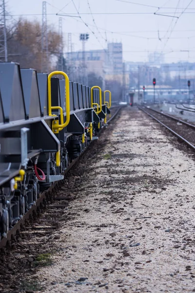 Burgas, Bulgaristan - 24 Ocak 2017 - yük kargo treni - siyah arabalar arabalar - yeni 6 axled düz vagon - türü: Sahmmn - Model Ww 604 A - Transvagon reklam — Stok fotoğraf