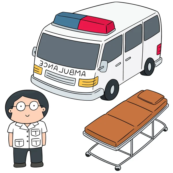 Conjunto vetorial de ambulância, médico e cama de emergência — Vetor de Stock