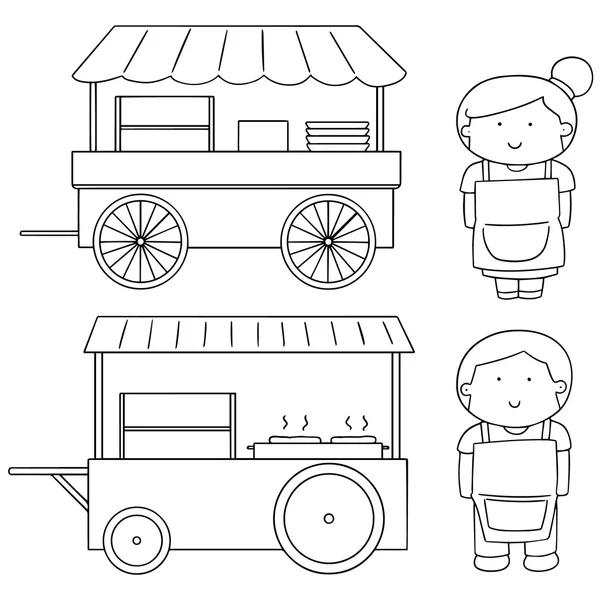 Conjunto vetorial de comerciante e food cart — Vetor de Stock