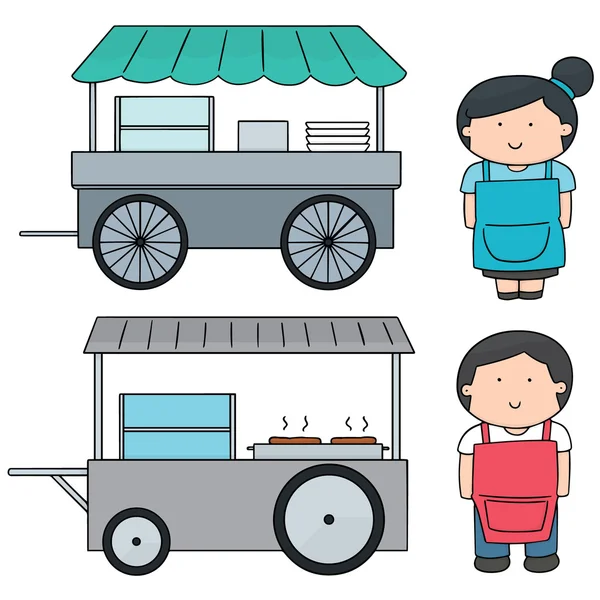 Conjunto vetorial de comerciante e food cart — Vetor de Stock