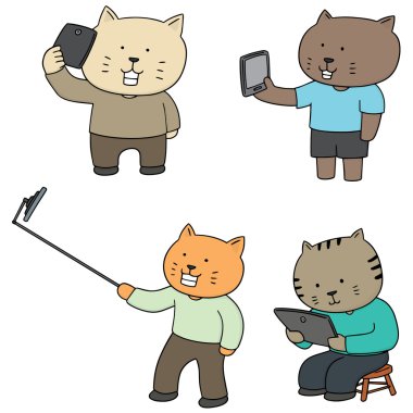 akıllı telefon bağımlısı kedi vektör kümesi