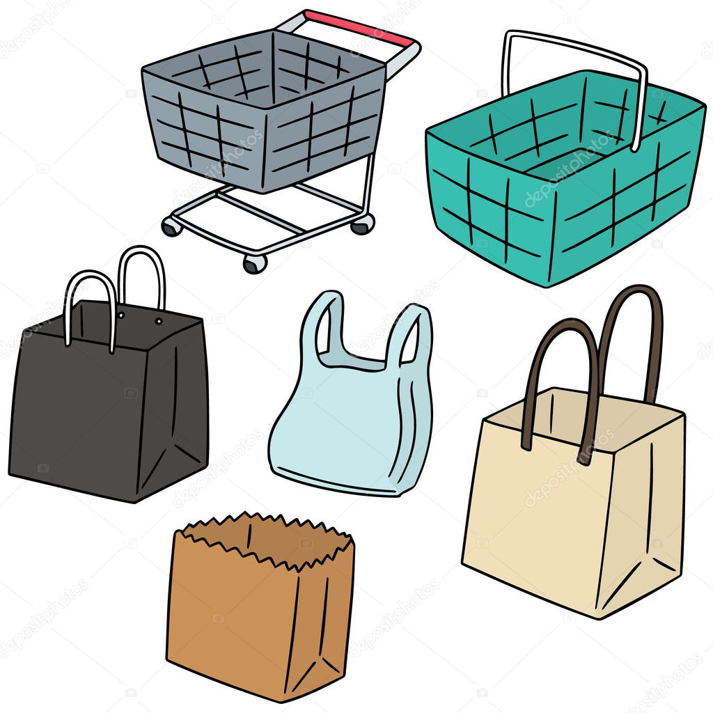 vector set of cart, basket, paper bag and plastic bag