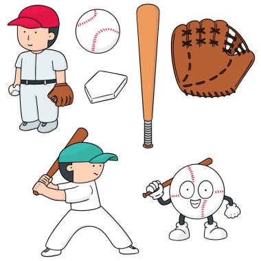 bir beyzbol oyuncusu ve beysbol ekipman vektör kümesi