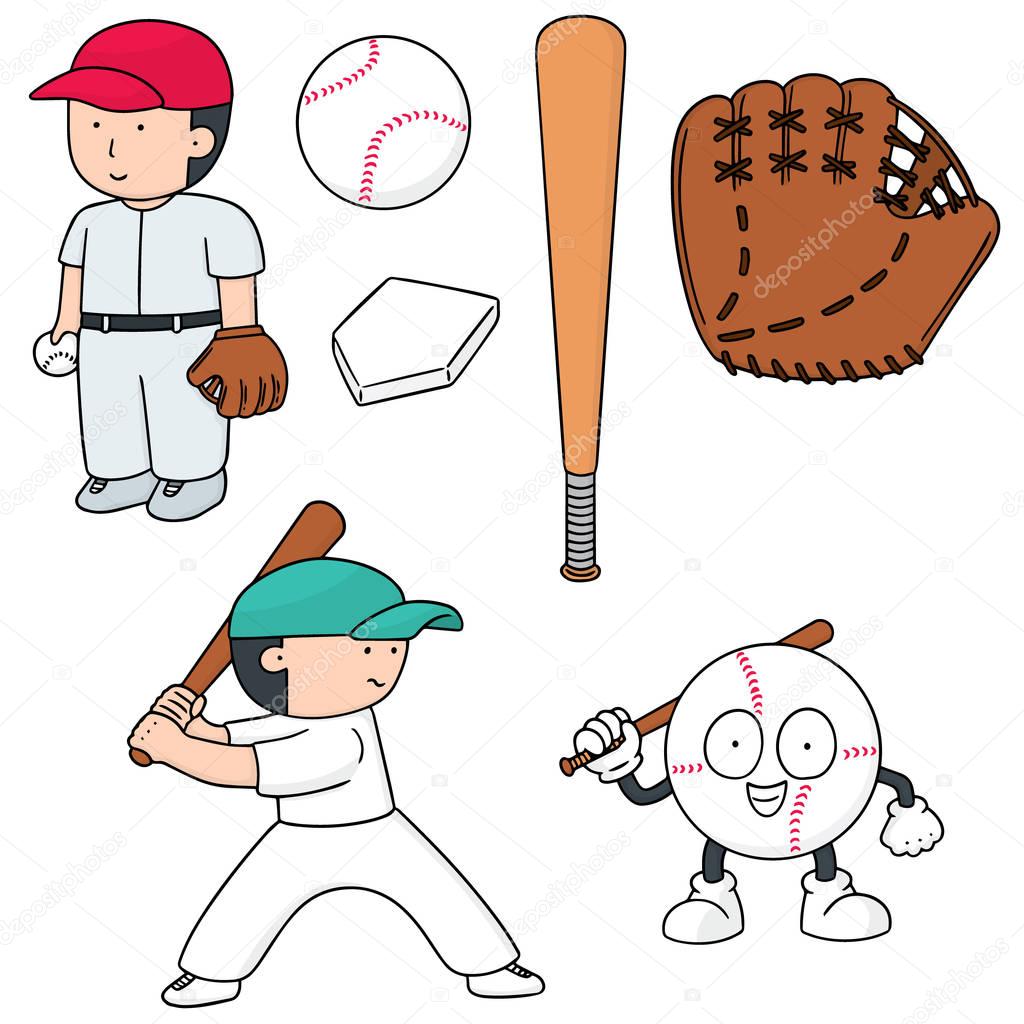 vector set of baseball player and baseball equipment