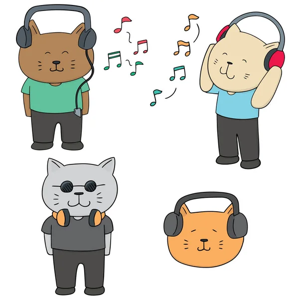 Vector conjunto de gato escuchar música — Vector de stock