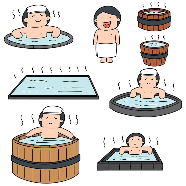Vetor conjunto de pessoas que tomam banho na piscina de água quente —  Vetores de Stock