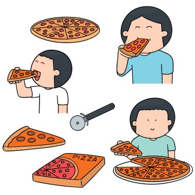 vektör set man yemek pizza