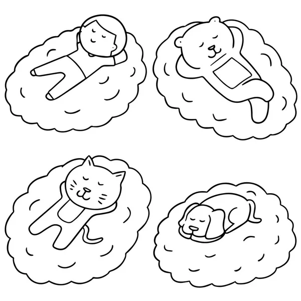 Vector conjunto de hombre y animal dormir en la nube — Archivo Imágenes Vectoriales